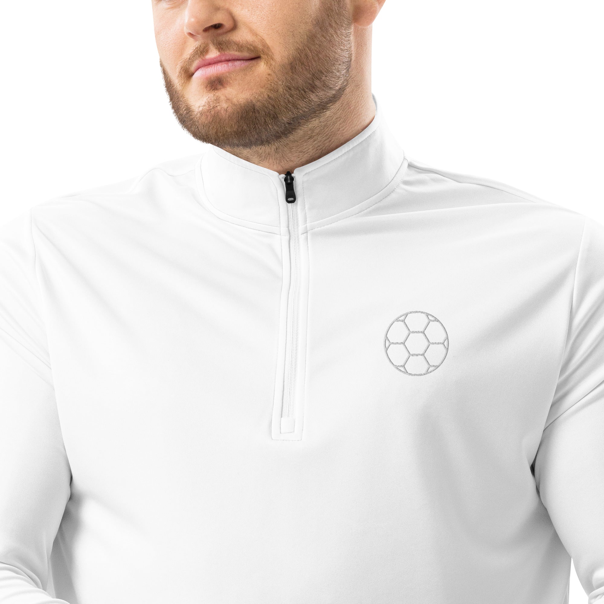 White Adidas quarter zip pullover front view showing regular fit

