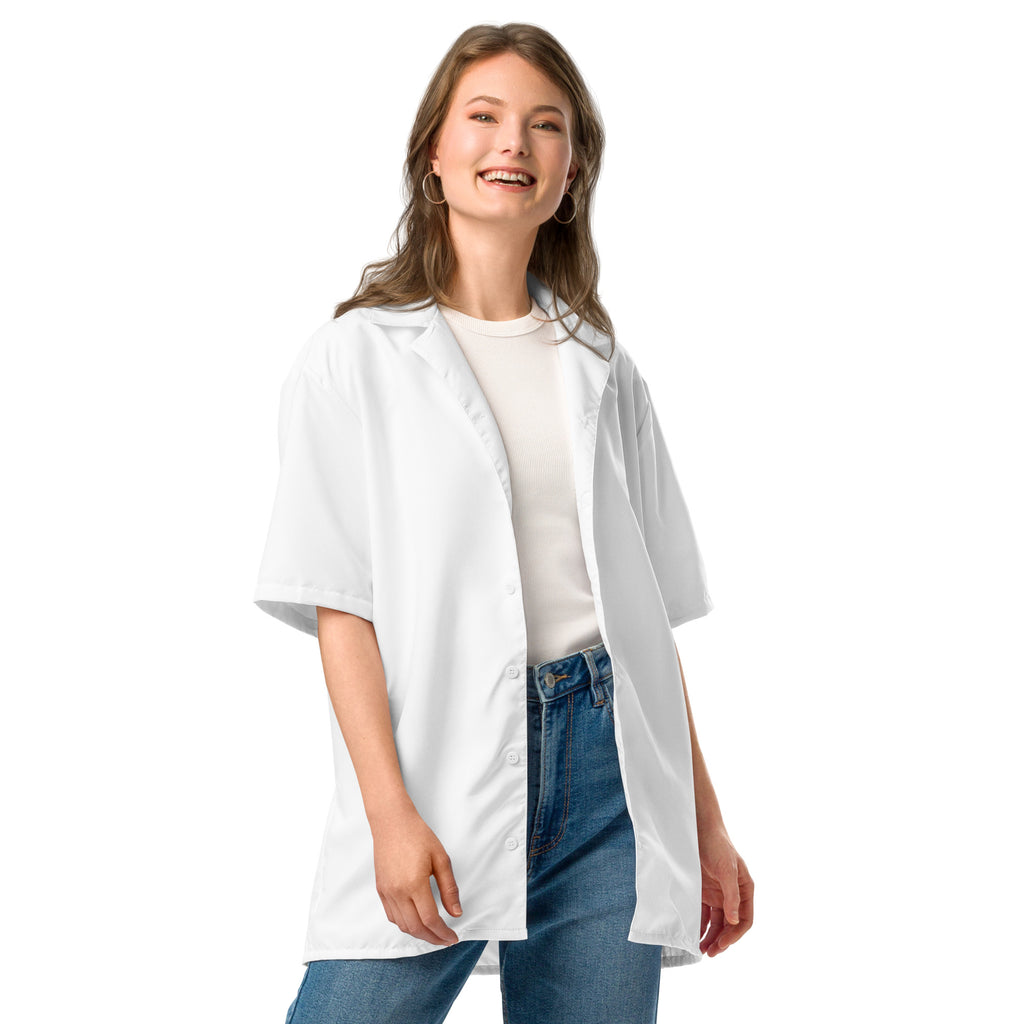 "White unisex button shirt front detail view"