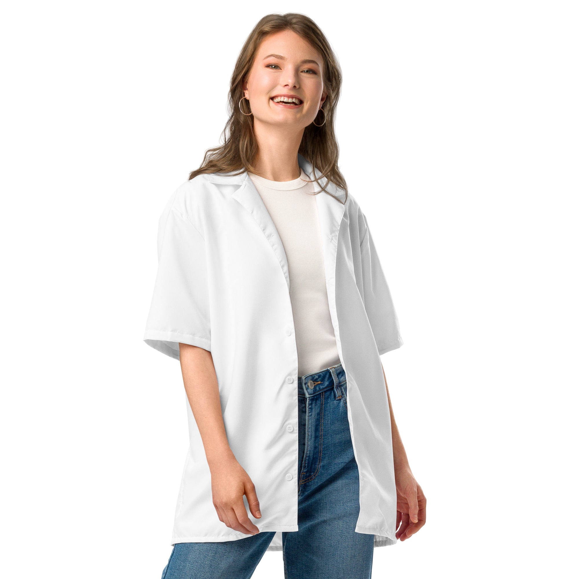  "White unisex button shirt front detail view"