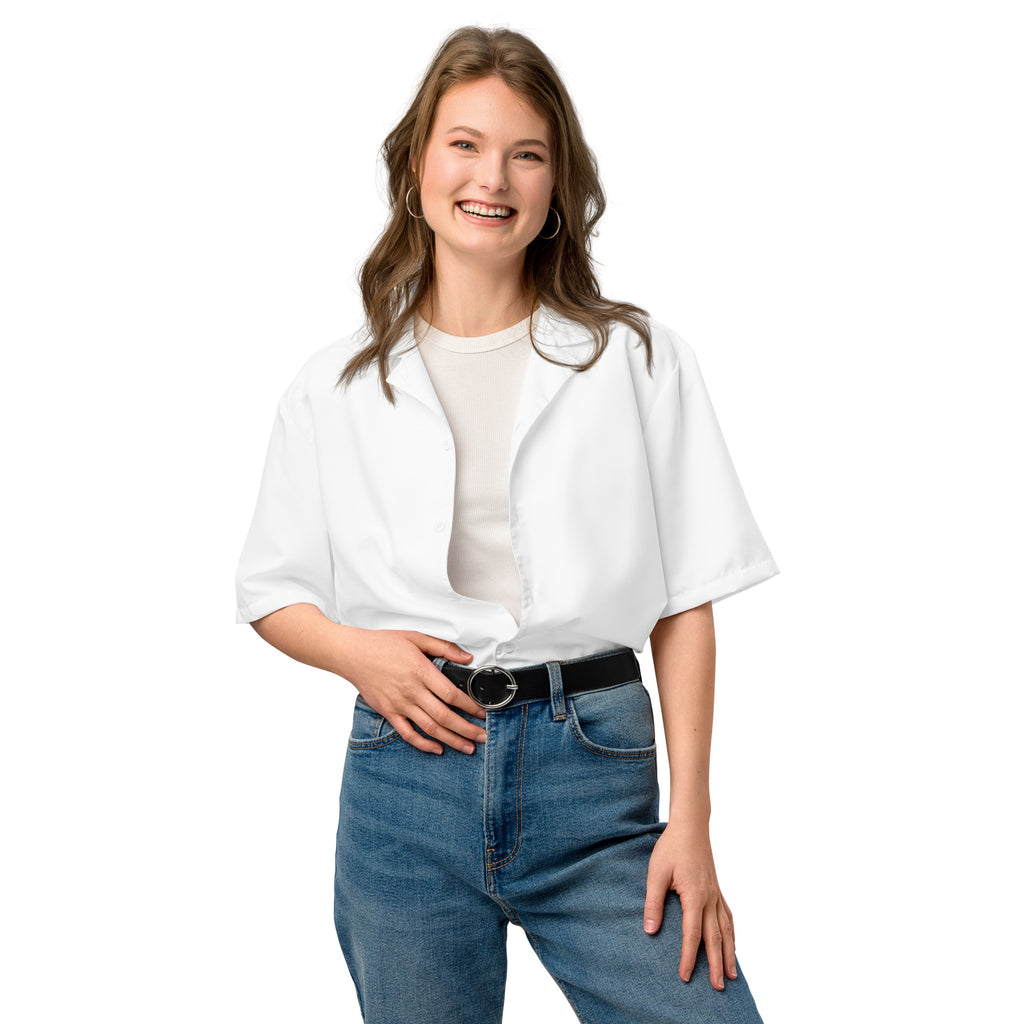 "White unisex button shirt front view showing oversized fit"
