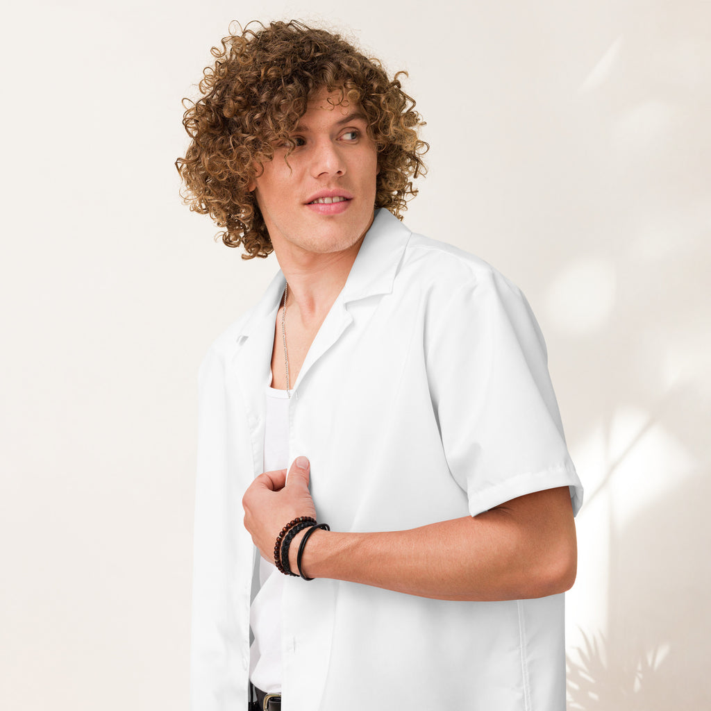 "White unisex button shirt front view close-up"