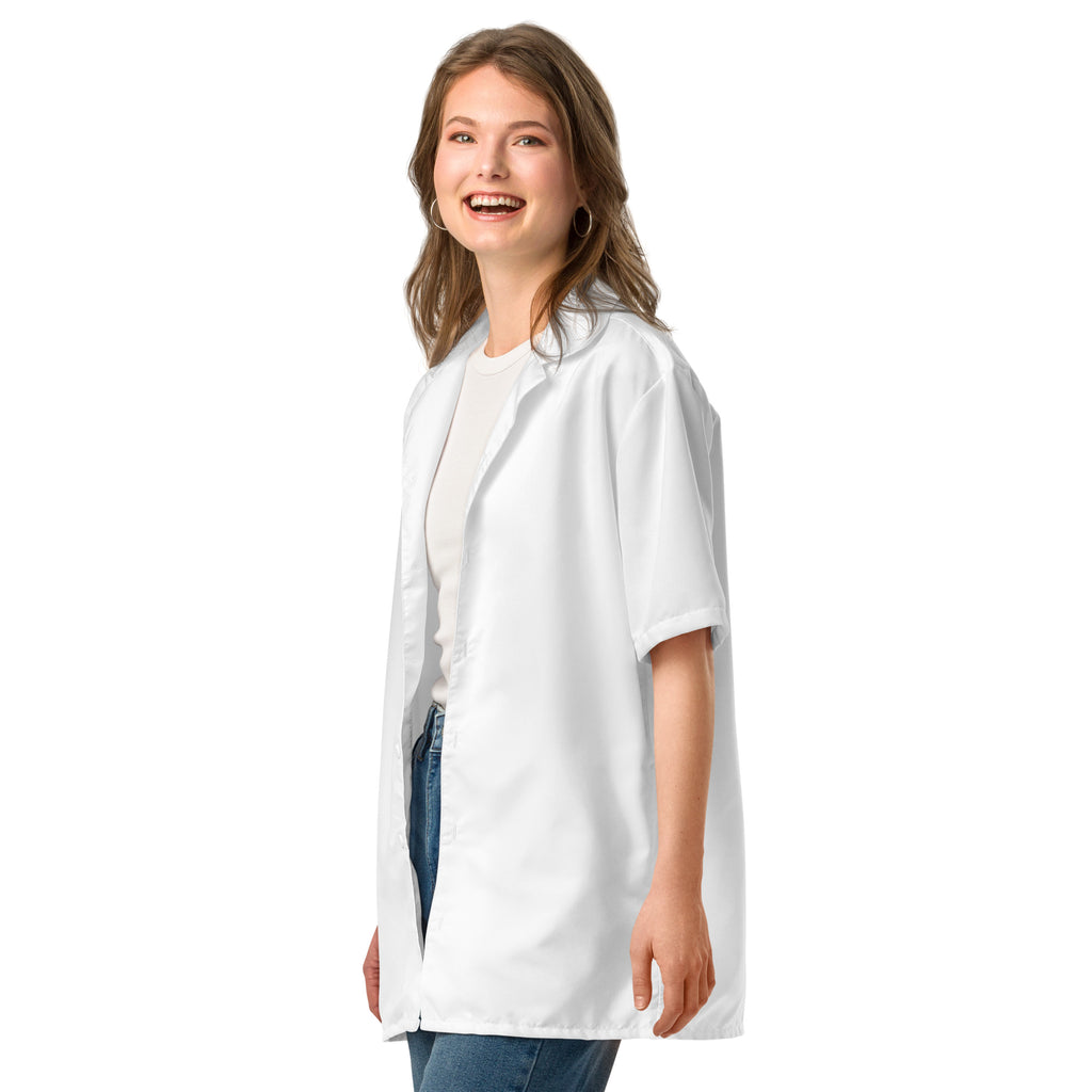 "White unisex button shirt left front view"